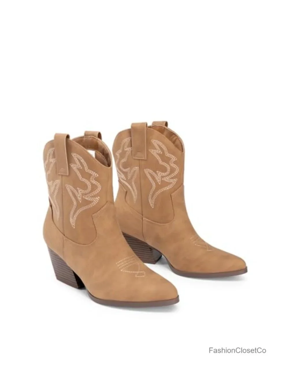 Women's Embroidered Stitched Short Cowboy Western Boots Low Chunky Heel Pointed